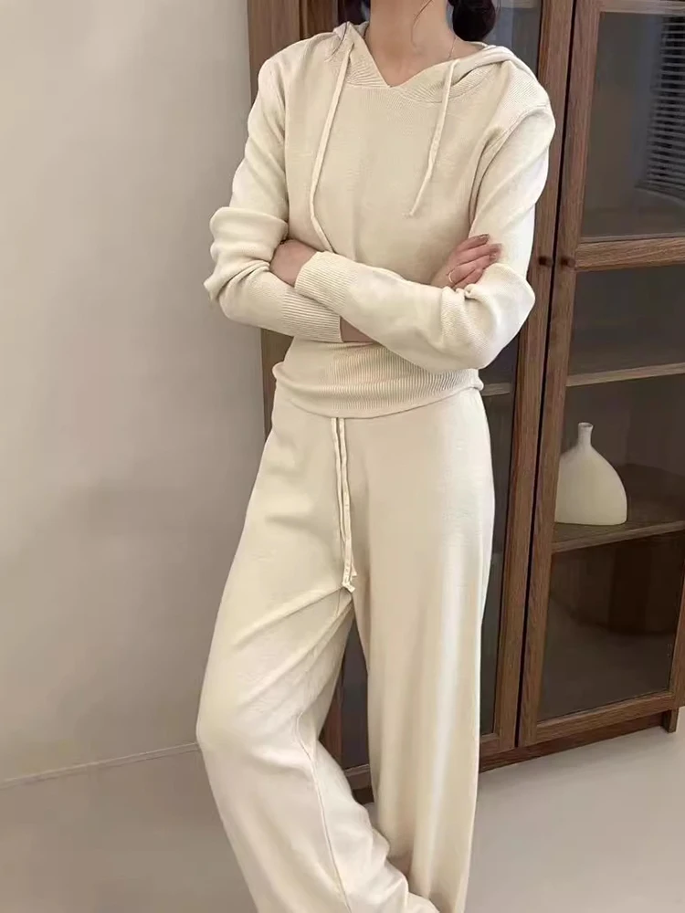 LANMREM Hooded Knitted Two-piece Set Women Korean Style Minimalist Sweater With Wide Leg Pants Female Casual Clothing 2DA9206