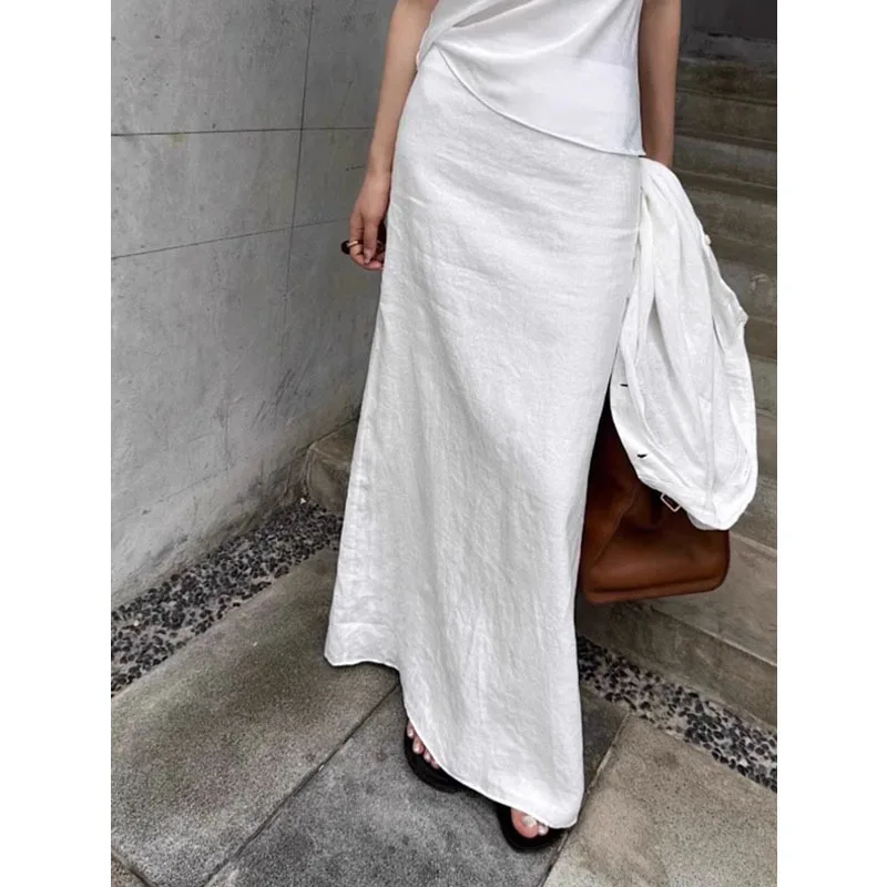 

Casual Vacation Solid Color White Women Summer Skirt 2024 New High Waist Slit Elegant Fashion Female Long Skirts Cotton Blend