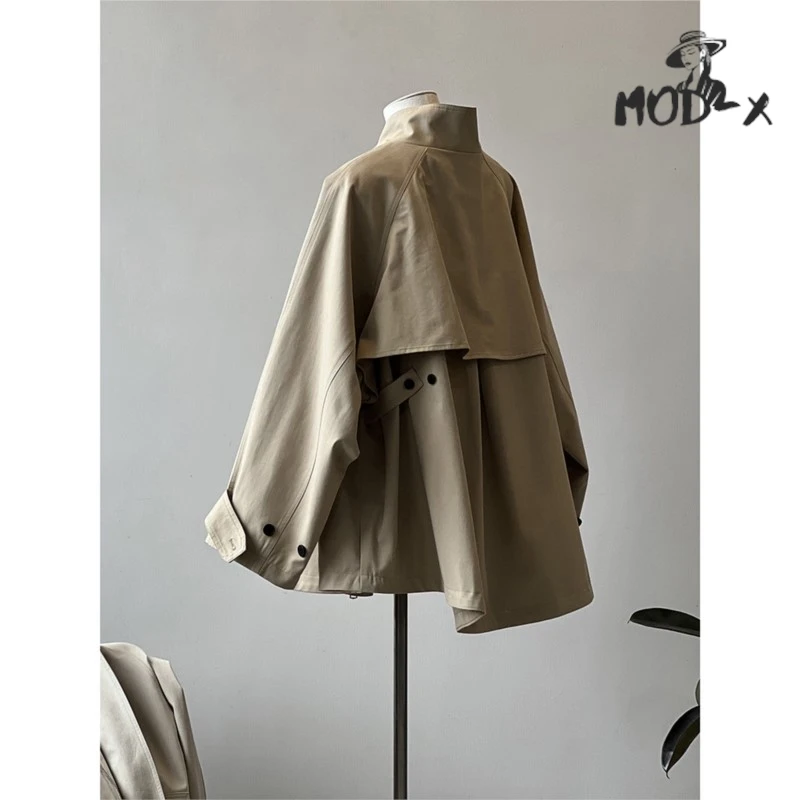 

MODX Korean Trench Coat For Women 2024 Autumn New High Niche Loose Mid-length Cloak Coat British Style Stand-up Collar Coat