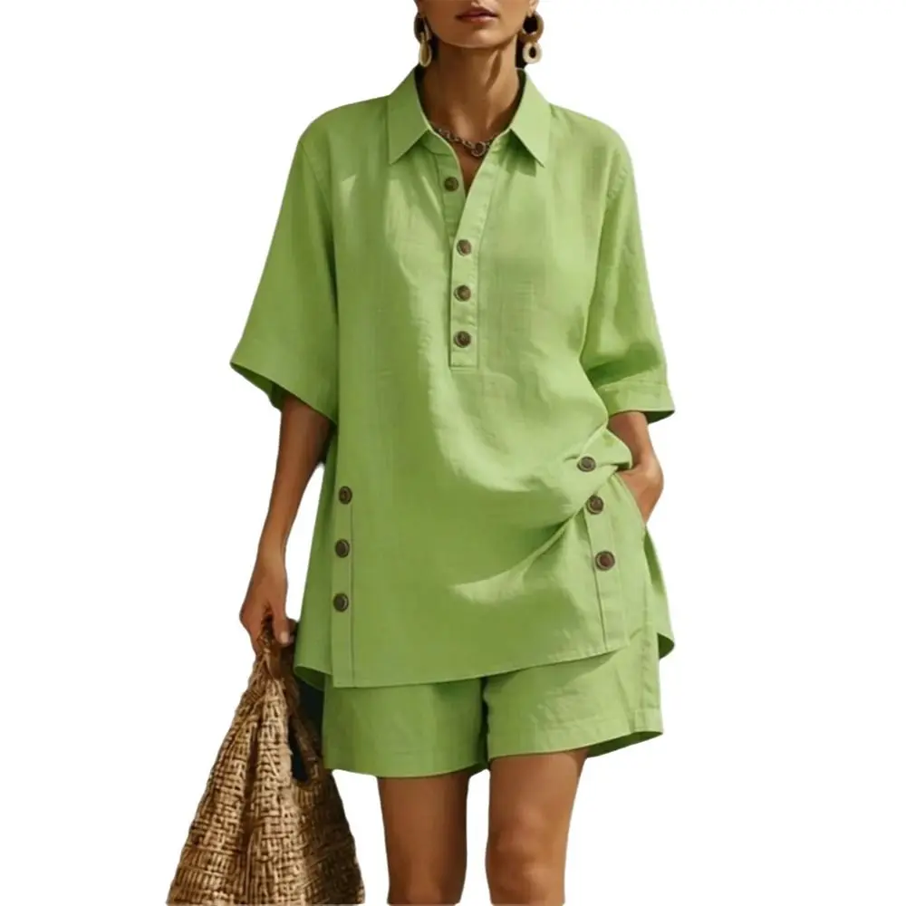 Fashion Loose Lapel Short-sleeved Shirt Set Button Solid Color Women's Shirt Casual Slit Pocket Shorts T-shirt Women Girls