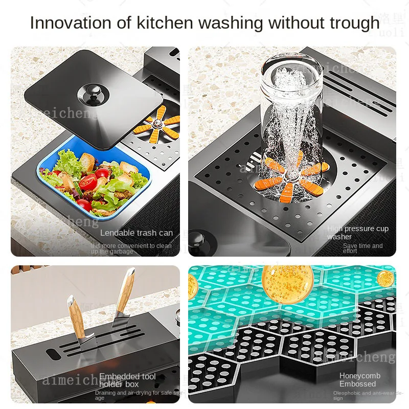 Stainless Steel Waterfall Kitchen Sink With Knife Holder Embossed Extra Large Single Slot Digital Display Faucet Set