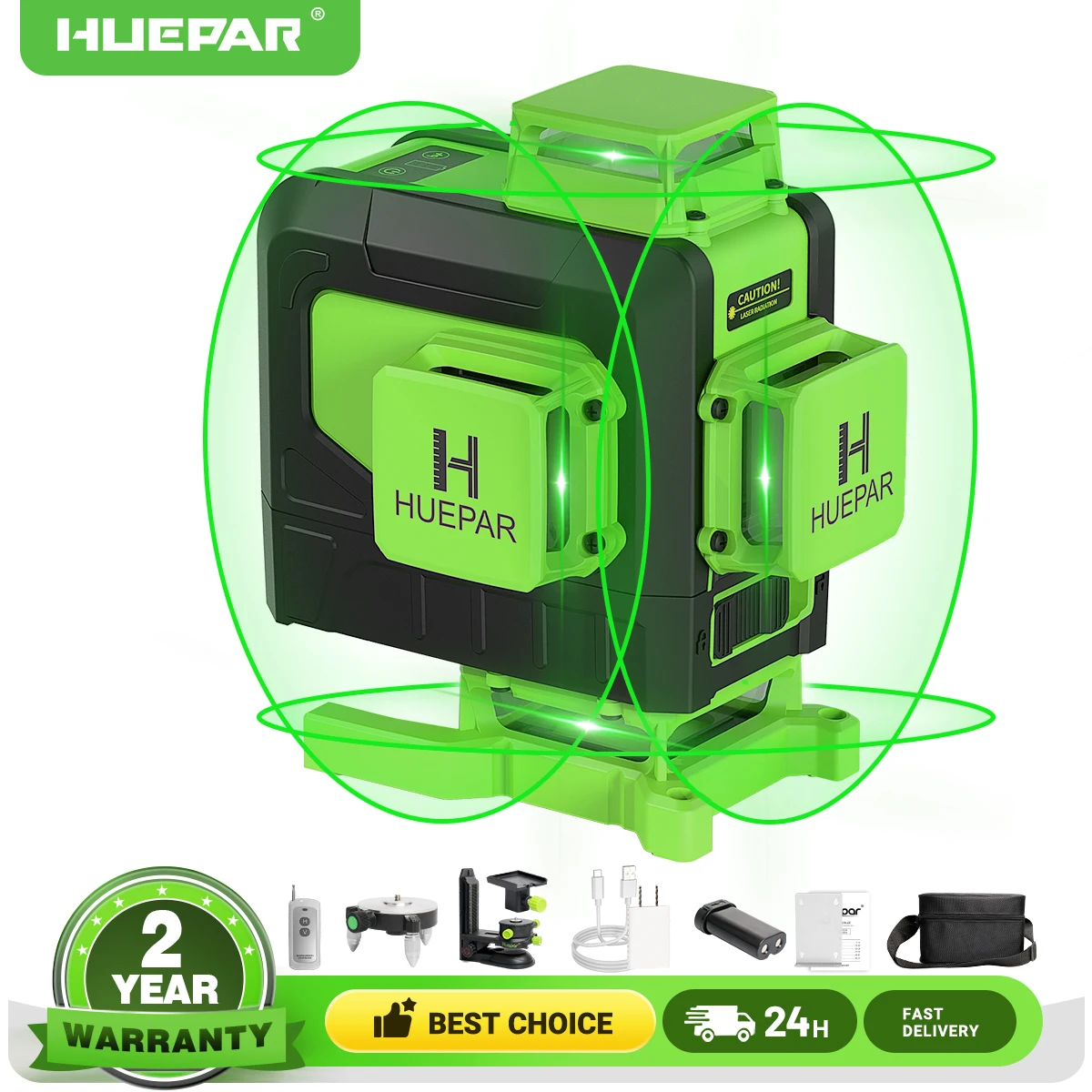 Niveau laser Huepar 4D 16 lignes, faisceau vert, ligne croisée 4x 360 ° Lignes laser avec télécommande, batterie Li-ion pour carrelage et sol
