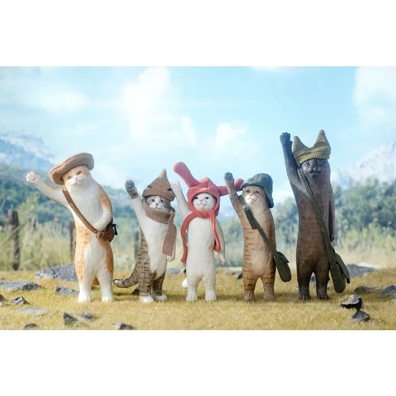 JXK Statuetka Kota w Skali 1/6 z Kapeluszem, Machający Kotem, Ręcznie Robiona, Drewniana, Urocza Lalka z Żywicy, Model Zwierzęcia, Zabawka, Kolekcjonerski Prezent