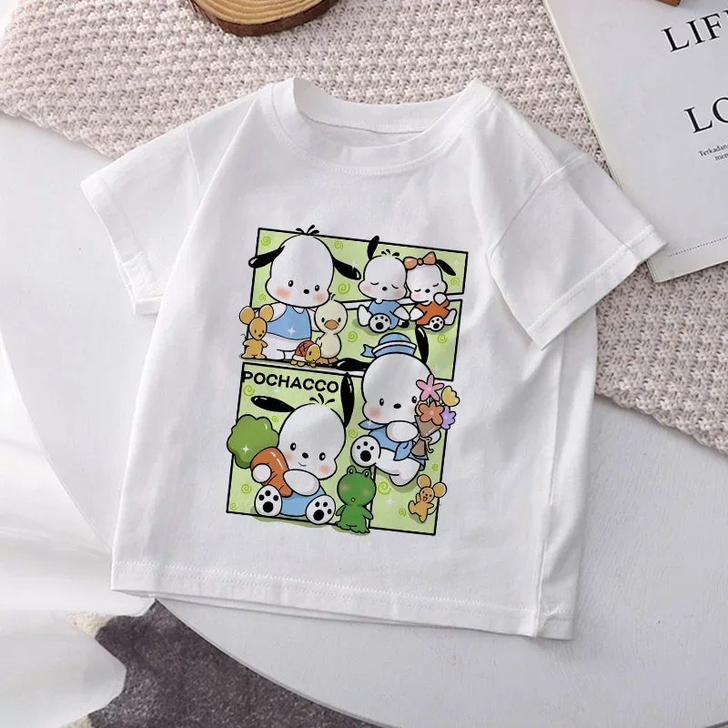 Camiseta de Pochaccos con estampado Kawaii para niños, ropa informal de dibujos animados, manga corta, Y2K, Tops para niños y niñas, novedad