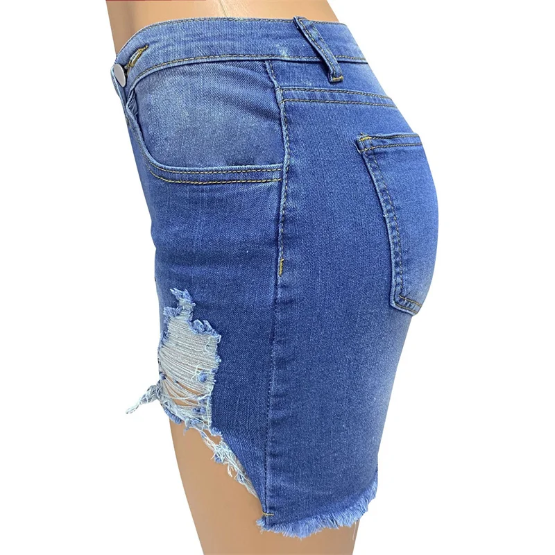 Fashion Slanted Waist Button Splicing Denim Shorts Women Summer Broken Holes Tassel Three Quarter Pants Female Casual Mini Jeans