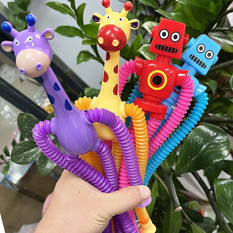 50pcs Cute Giraffe Robot Shape Pop Tube Sensory Fidget Poptube Twist Tubes Toy Stretch Telescopic Straw with Sucker