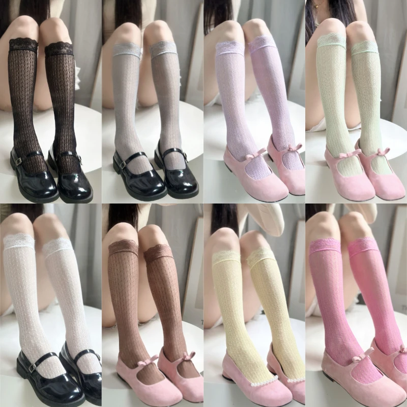 Women Summer Thin Lace Socks Cute Colorful Dopamine Fishnet Knee High Sock Korea Trendy Lolita Sweet JK Polka Dots Stacked Socks