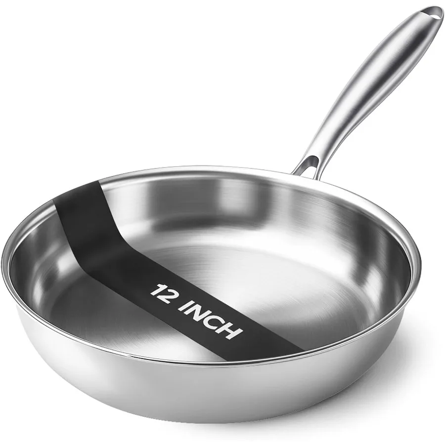 

12 Inch TriPly Stainless Steel Frying Pan for Professional Kitchen Use: Fast and Even Heat Distribution Ideal for Induction Sto