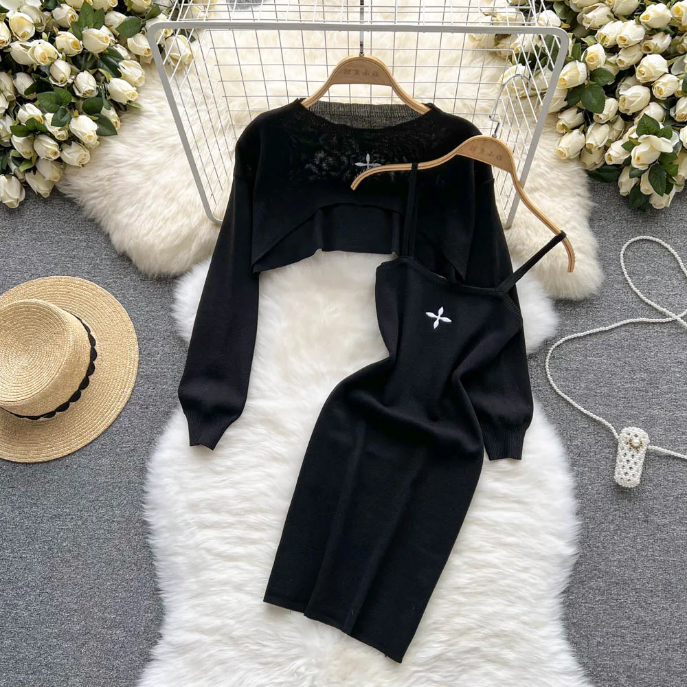 Embroidary Cross Knitted Dress Women Set Y2k Harajuku Long Sleeves Cropped Top Spaghetti Straps Bodycon Mini Dress Two Piece Set