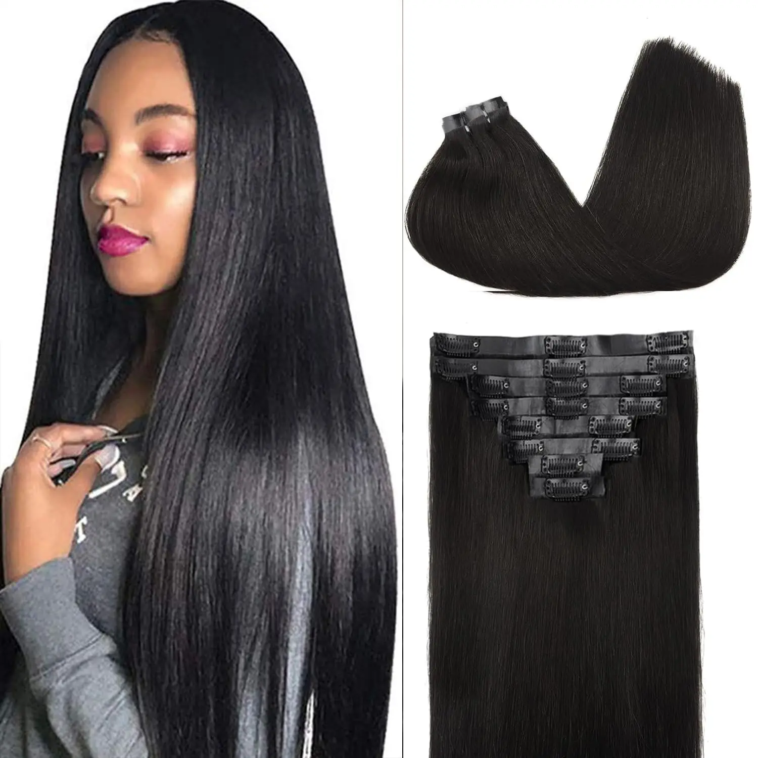 Clip ins Ultra-thin PU Weft Straight 9pcs 120g 16 Inch Natural Black 100% Remy Human Hair Clip ins