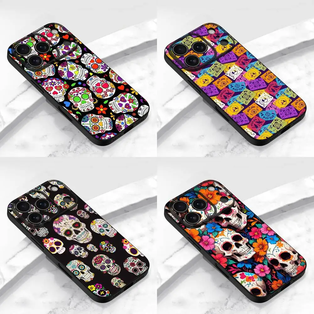 

Mexican Mexica Skull Flower Phone Case For iPhone 17,16,15,14,13,12,11,Pro,Max,Plus,E,Air,Mini Protective Black Cover