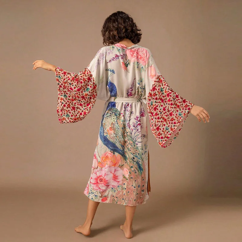 Europeu e americano retro solto plus size meados de comprimento quimono cardigan verão praia proteção solar cover-up bikini maiô outerwear yukata solto cardigan outerwear