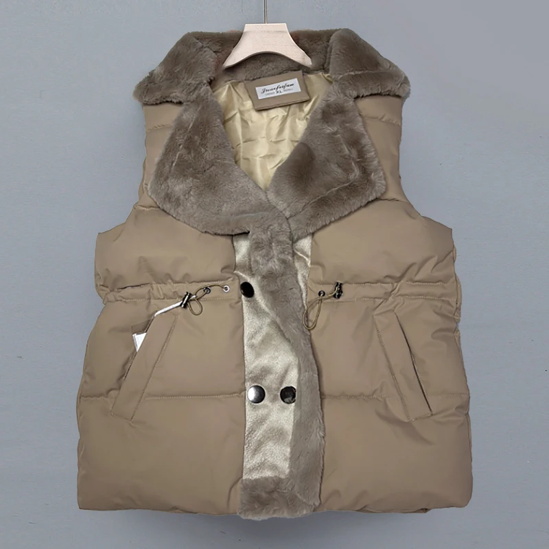 Winter Women's Vest Fashion Lamb Wool Splice Turn Down Collar Slim Waistcoat Fashion Ladies Sleeveless Thickened Jackets