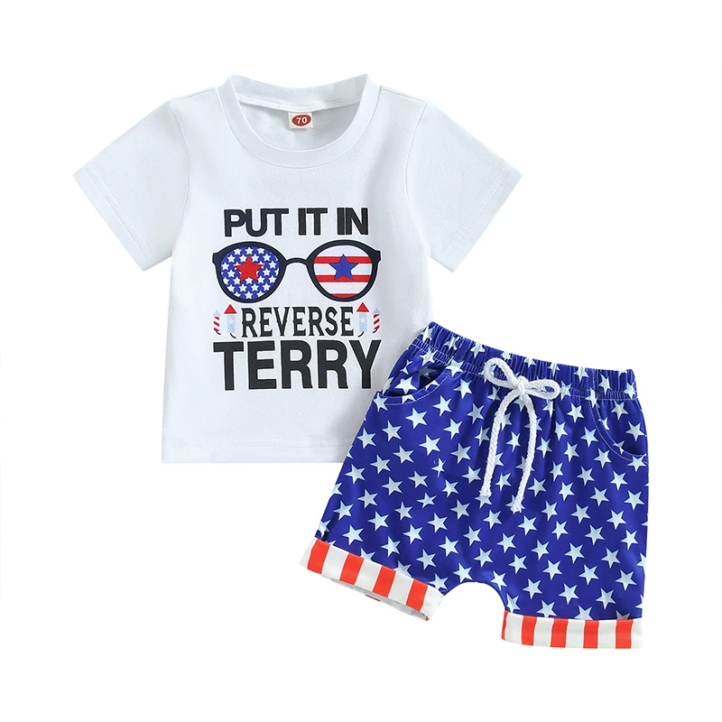 

4th of July Baby Boy Outfit USA Letter Print T Shirt Top American Flag Print Shorts Independence Day Clothes Set