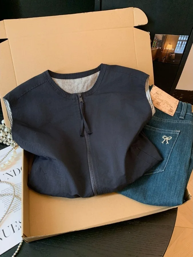Authentic Korean Style round Neck Vest Women's Fashionable Anti-Aging Jacket Outerwear Polyester Fiber 100% Regular Length