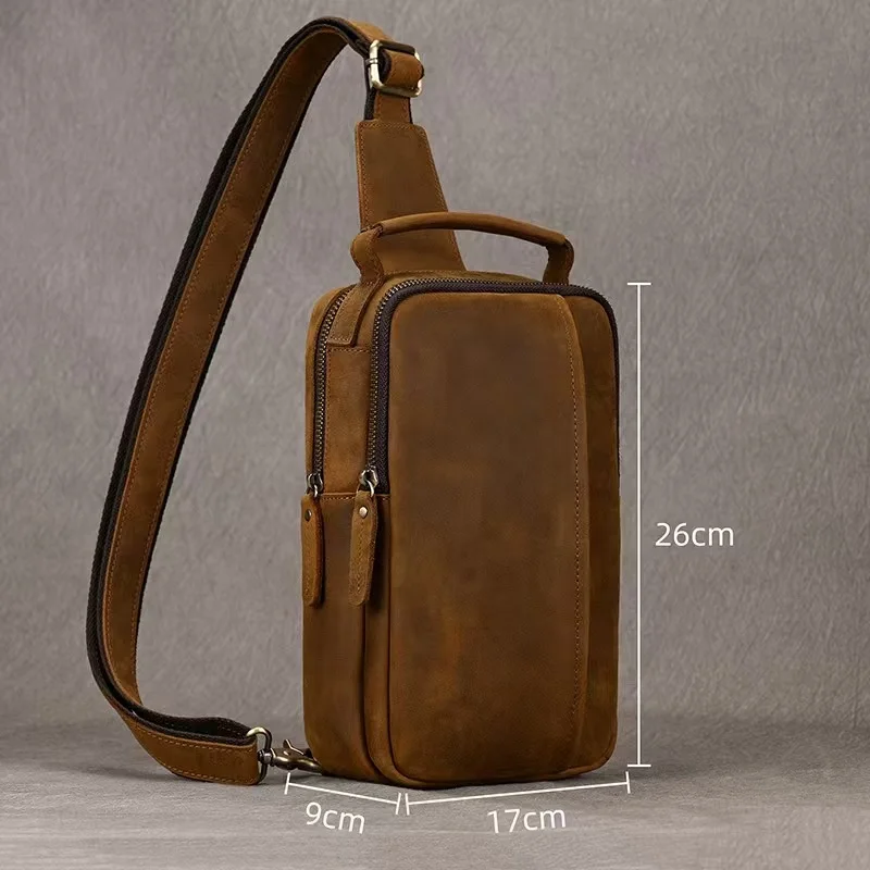 LION VERA Men's Genuine Leather Shoulder Bag Crazy Horse Leather Chest Bag 5-inch Large Capacity Diagonal Cross Bag Casual Bag