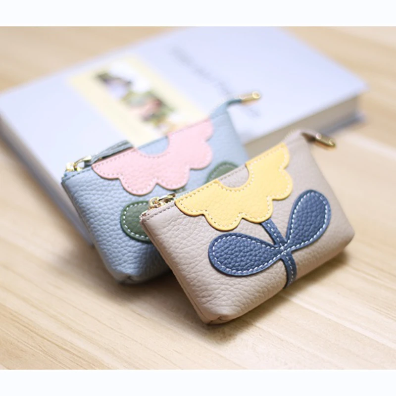 Genuine Leather Flower Pattern Coin Purses Small Fashion Coin Wallet Lady Money Storage Bag Mini Wallet