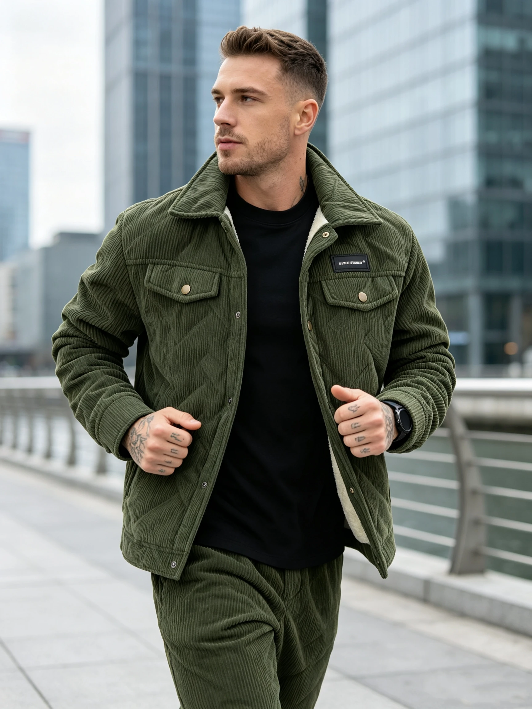 Men's Corduroy Fleece Lined Thermal Jacket, Lapel Button Down Vintage Winter Warm Workwear Coat
