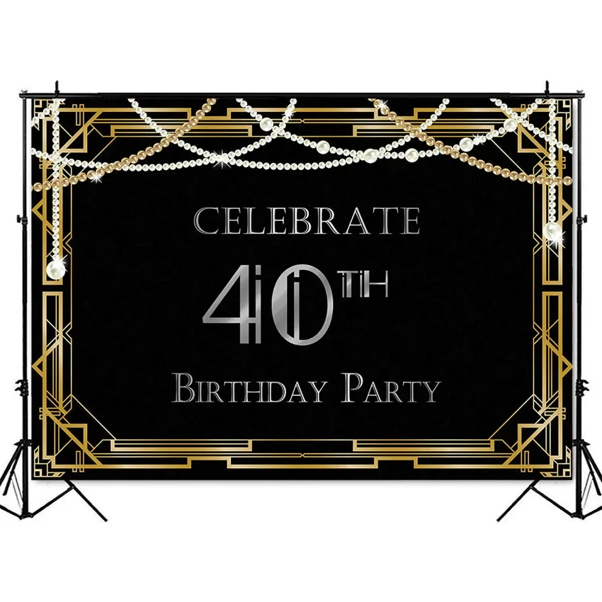 Fondo de decoración para fiesta de 40 cumpleaños, fondo de perlas blancas y negras para estudio fotográfico, suministros metálicos dorados