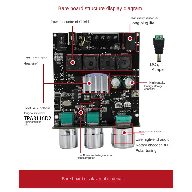 Classy-XY-T50H Bluetooth 5.0 Amplifier Board TPA3116D2 50W+50W High-Bass Adjustable Stereo Digital Amplifier Board Audio Module