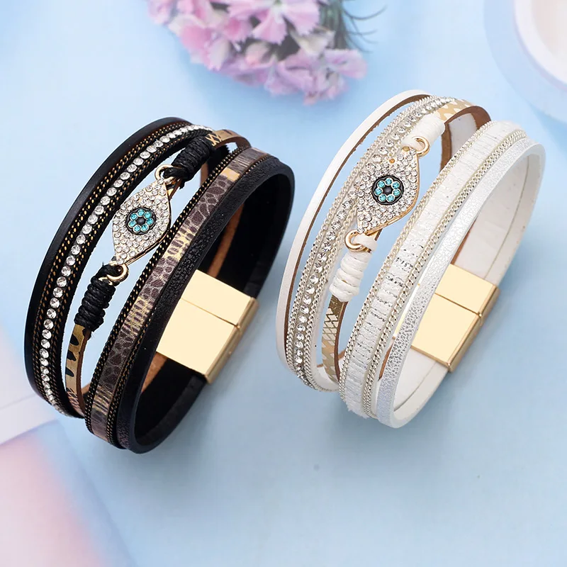 Bohemian Retro Multi-layer PU Leather Magnetic Clasp Bracelet for Women Rhinestone Inlaid Devil's Eye Charm Bracelets Vintage