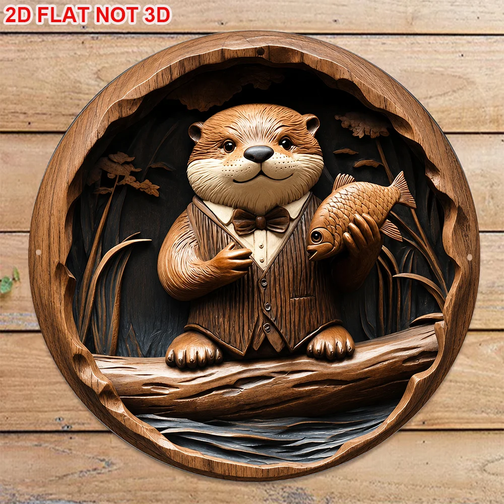 1pc 20.32 X 20.32 cm 2D Flat Circular Sign, Vintage Plaque of Otter Fishing, Cute Otter-Themed Decorative Sign, Suitable for Bar