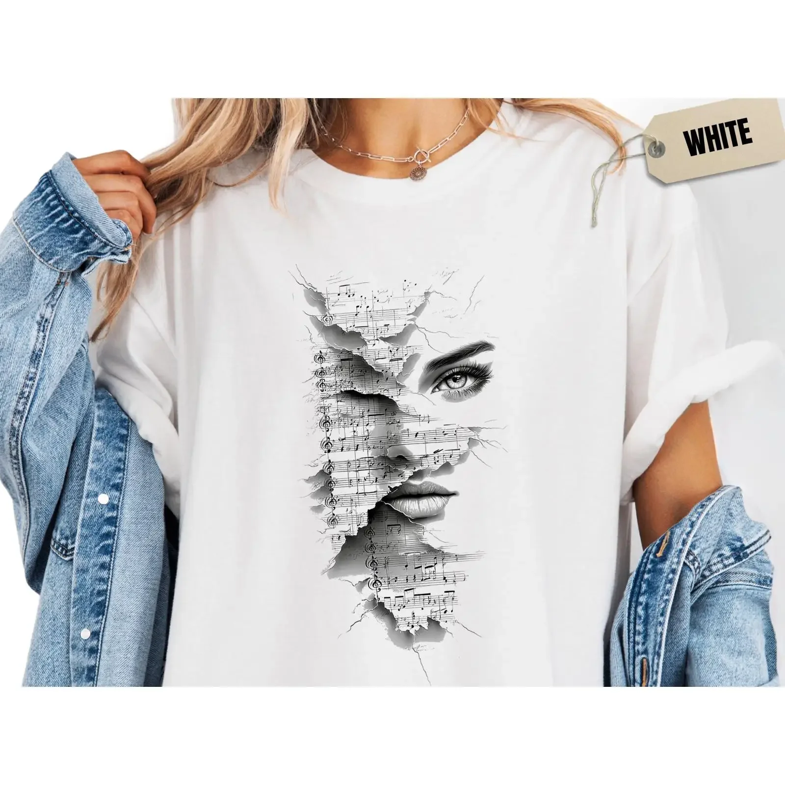Surreal Sheet Music PortraiT T Shirt Conceptual Art vintage Washed Versatile Unisex designer clothes Stylish streetwear fashion