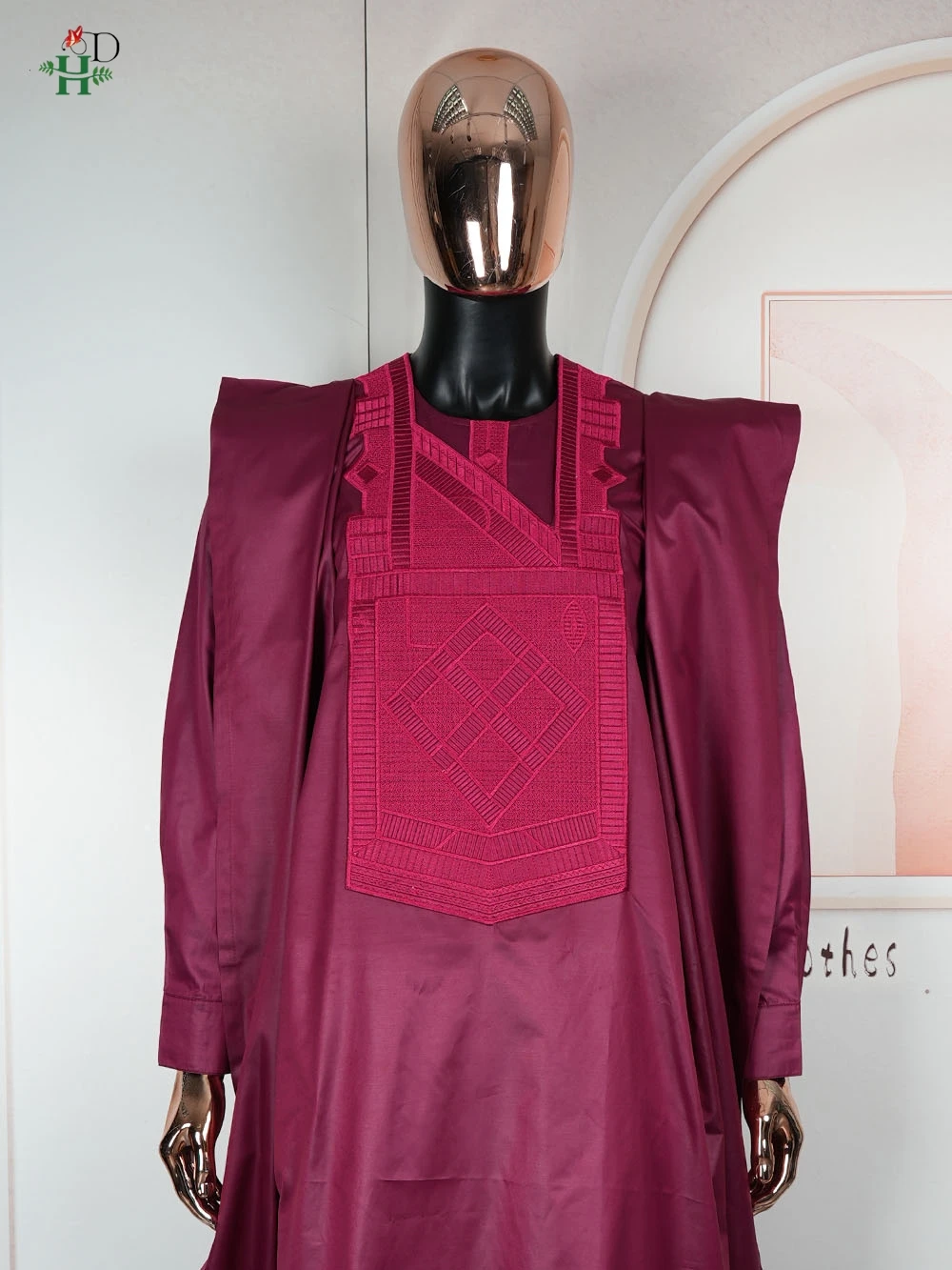 H & D-Conjunto tradicional africano de 3 uds para hombre, conjunto Thobe Borgoña Agbada, bata bordada de talla grande para bodas, festivales, ceremonias