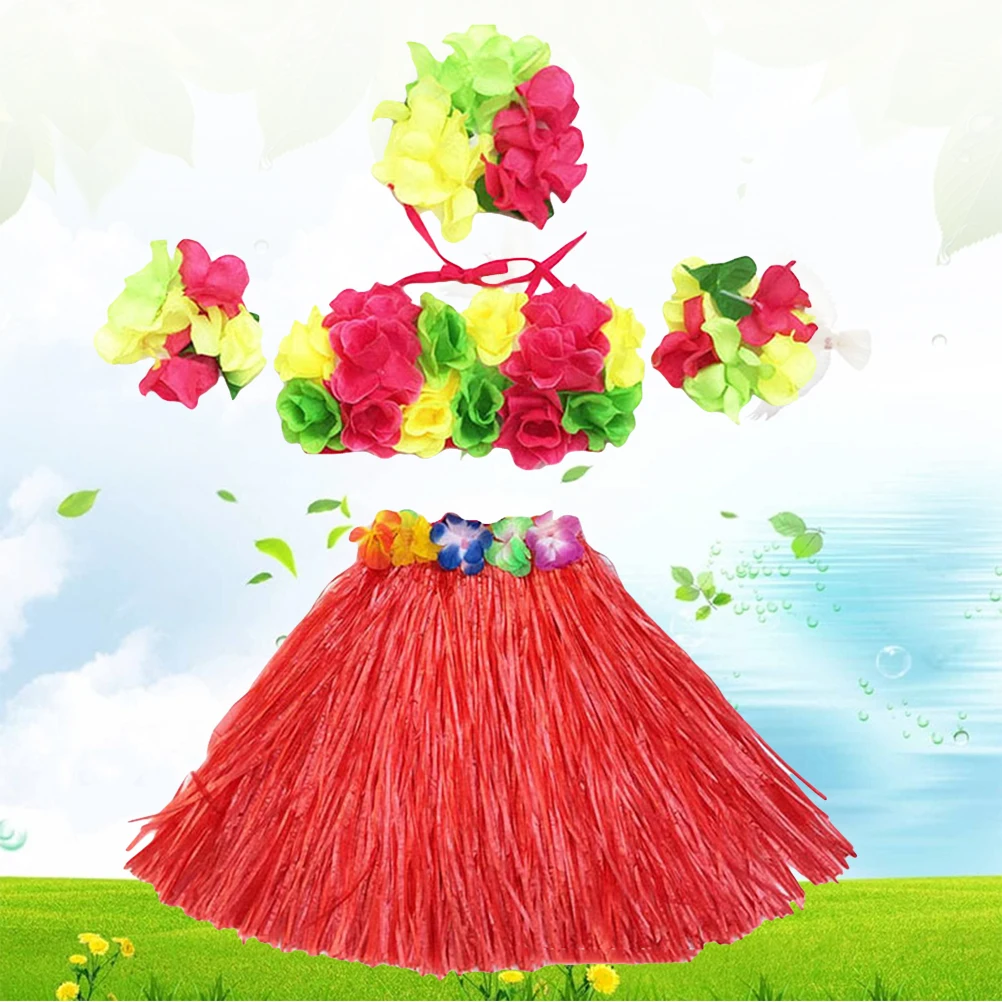 

5pcs Costume Grass Skirt Set Bra Headband Bracelets Tropical Dance Skirt Luau Party Wedding Tropical Event Accessories