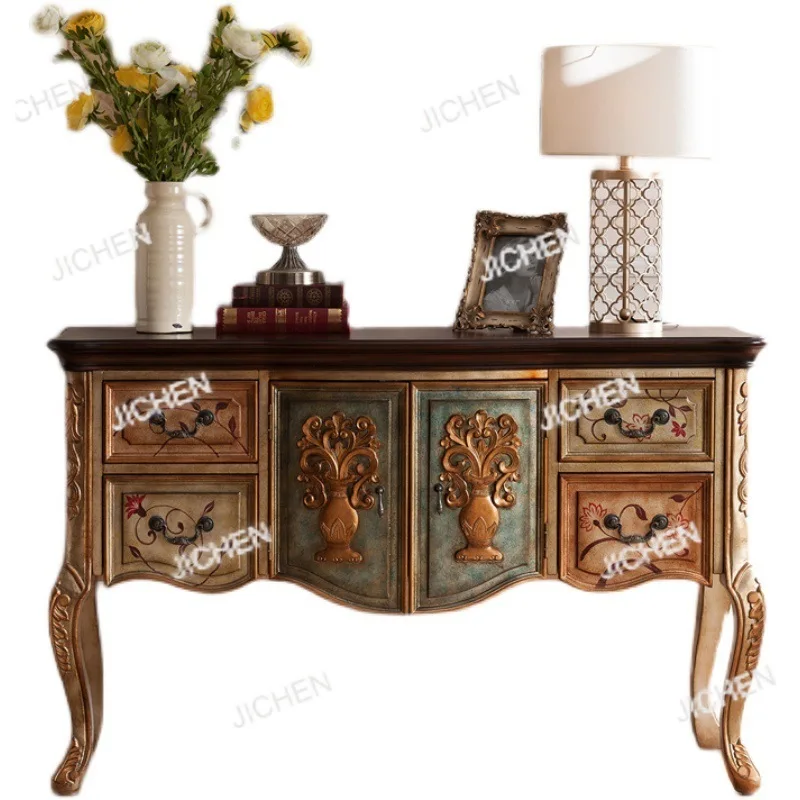

Luxury solid wood entryway counter table villa wall-to-wall hallway table champagne carved European sideboard