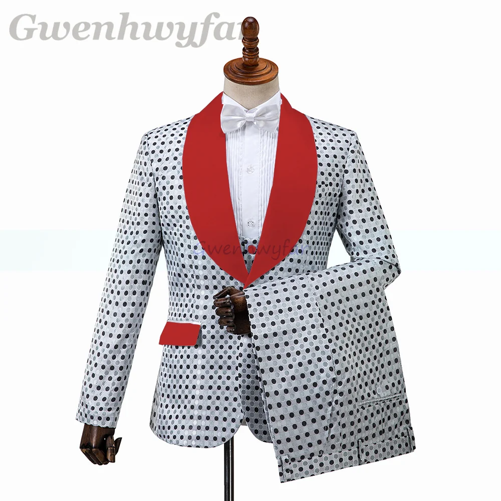 Gwenhwyfar Latest Design Dot Pattern Mens Suit 3 Pieces Groom Wedding Prom Suit Dress Blazer Sets High Quality Costume Homme