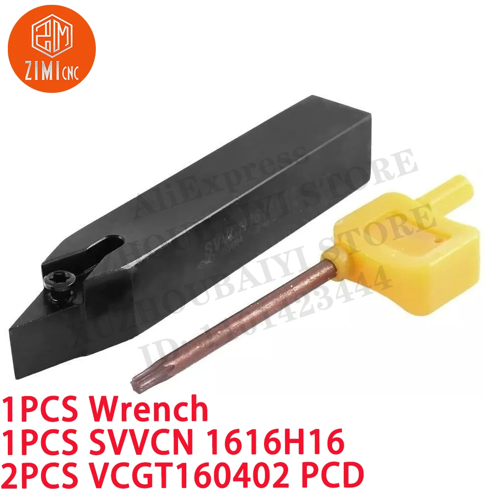 1PCS SVVCN 1616H16 Cylindrical turning tool Holder + 2PCS VCGT160402 PCD Carbide Inserts CNC metal lathe mechanical cutting tool
