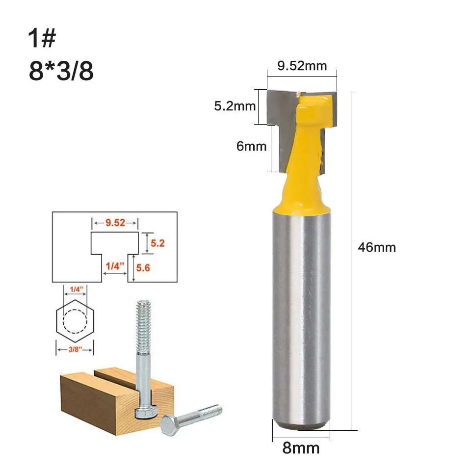 8mm T-type Keyhole Milling Cutter Shank Router Bits Woodworking Wood Cutter Milling Cutters Frame Hanging Wall Cutting Tools