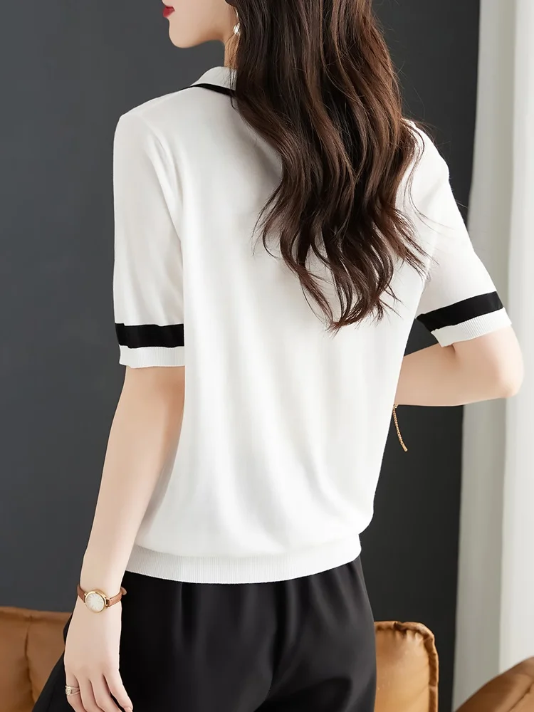 TuangBiang 2023 Summer Black White Patchwork Cotton Pullover Polo Collar Short Sleeves Knit Thin Sweater Women Sexy Fashion Tops