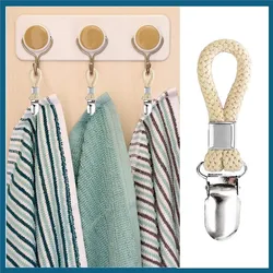 4pcs Towel Hanging Clips Clamps Braided Multipurpose Cotton Loop Metal Hook Kitchen Bathroom Storage Clips Socks Clothes Hanger