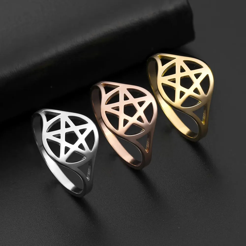 COOLTIME Pagan Symbol Pentagram Ring for Women Men Steel Color Stainless Steel Star Couple Rings Engagement Wedding Gift Jewelry