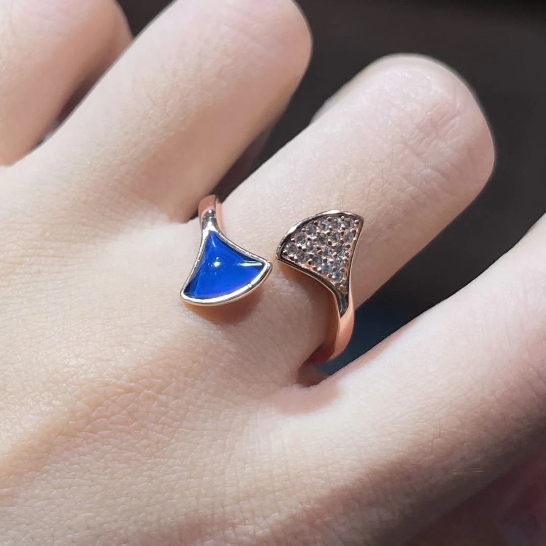 

Asymmetrical Teardrop Blue Amber Ring Sterling Silver Rose Gold Plated Adjustable with Diamond Gift for Her Love Promise Jewelry