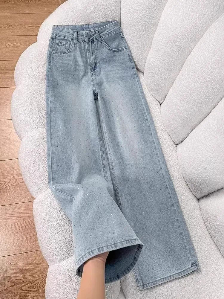 

Women Light Blue Rhinestone Denim Pants Korean Style Fashion High Waist Wide Leg Jeans New Versatile Loose Straight Trousers
