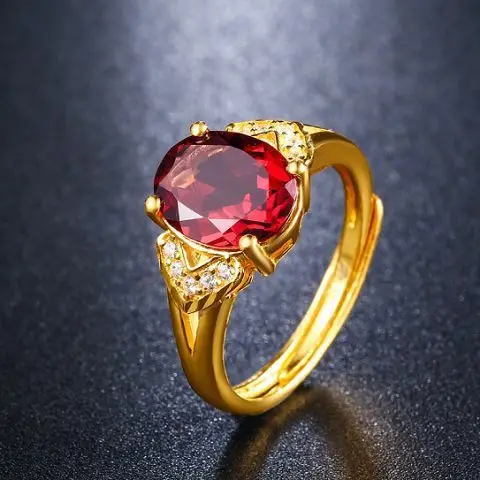 

24K gold garnet AU999 pure gold ring natural red crystal inlaid open adjustable ring female