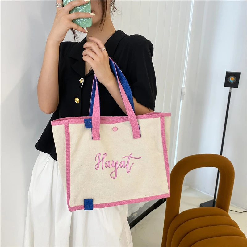 

Customized Women's Contrast Canvas Bag Single Shoulder Bag Art Student Portable Canvas Bag Embroidered Name