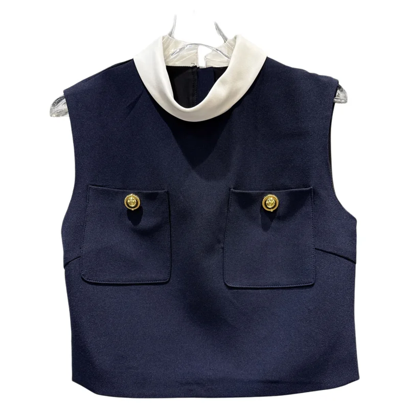 

Faionable 2025, осеннее новое поступление, цветная блузка с воротником-стойкой, металлический синий дизайн, жилет, майка, женская одежда