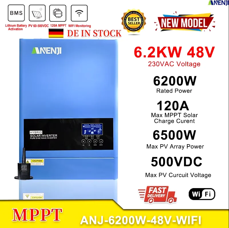 6.2KW Hybrid Solar Inverter 48V 230V MPPT Solar Inversor Pure Sine Wave On Grid Off Grid 120A Solar Charge Controller with Wifi