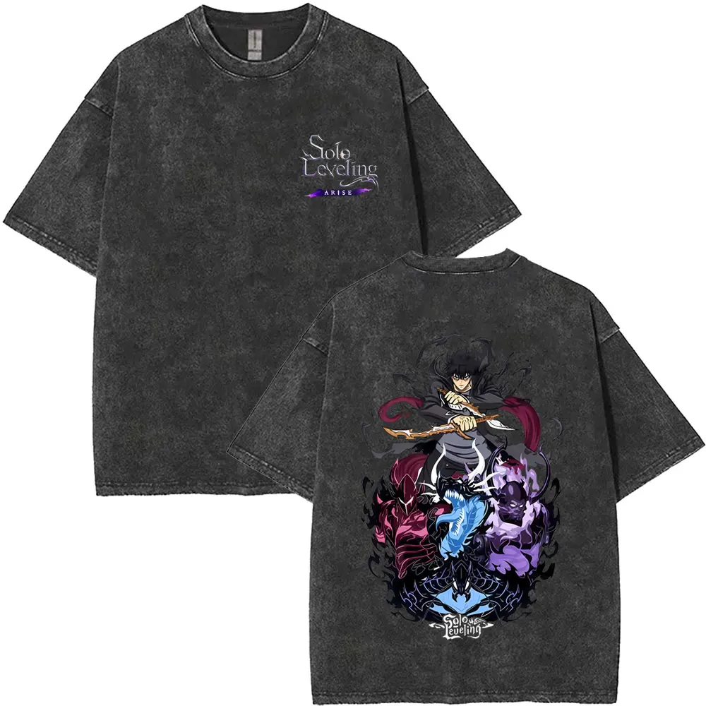 

Anime Solo Leveling Sung Jin Woo Washed Vintage T-shirt Men Women Clothing Casual Cotton Oversized T Shirt Male Fashion T-shirts