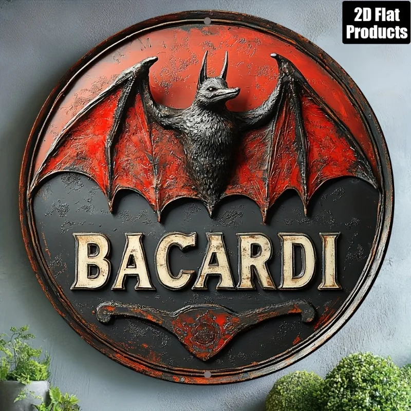 Tema del logotipo del murciélago de Bacardi, placa decorativa redonda de metal de aluminio, adecuada para bar, cocina, cafetería, decoración de la habitación del hogar y la oficina