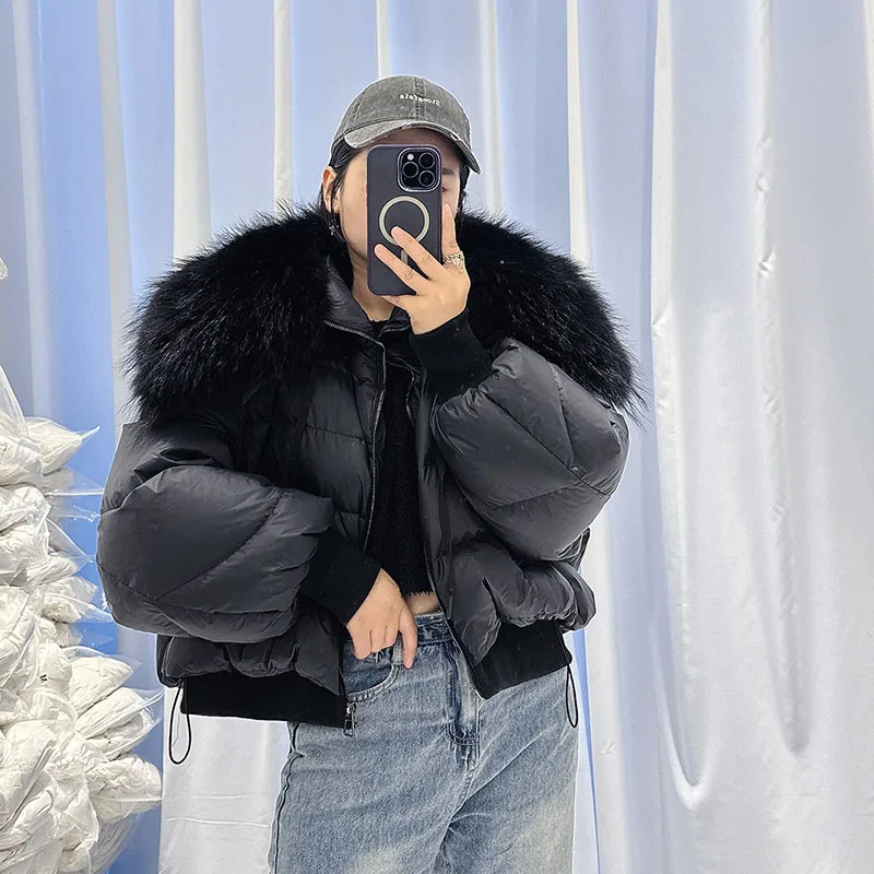 2023 Detachable Winter Jacket Women Real Natural Big Raccoon Fur Collar Thick Warm Duck Down Loose Oversize Outerwear Streetwear