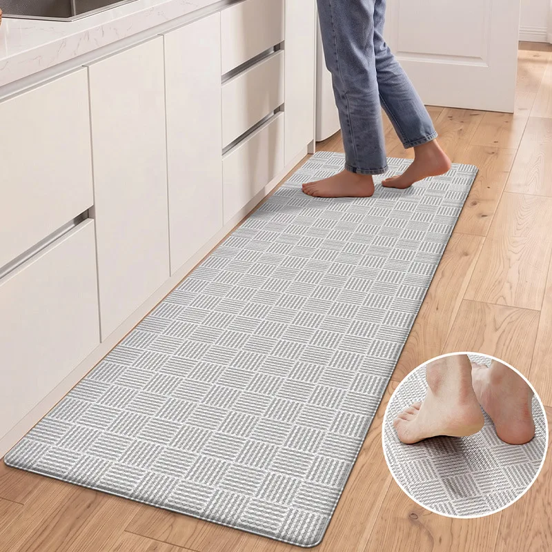 Minimalist Anti Fatigue Kitchen Mat, Simple Long Kitchen Runner, Thick Non Slip PU Leather, Easy Clean Japanese Korean Style