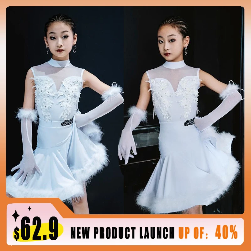 

2025 New Girl Latin Competition Performance Dress Children's Practice Costume White Samba Ostrich Feather Style Show Set VBH1176