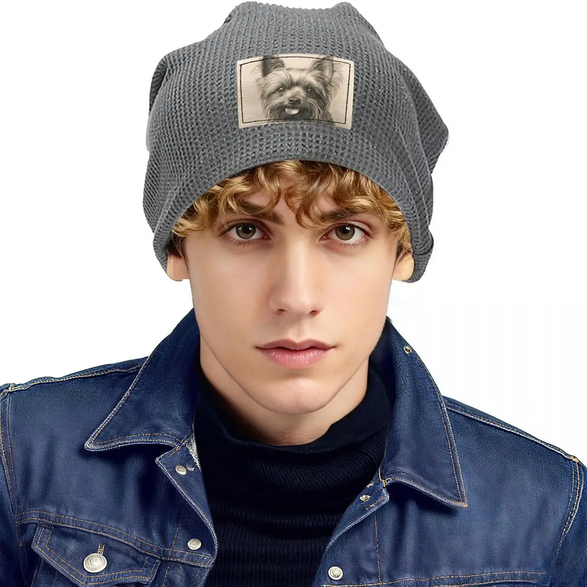 The Adorable Yorkshire Terrier Dog Waffle Knit Fleece Lined Beanie with PU Leather Patch Unisex Warm Winter Soft Cap
