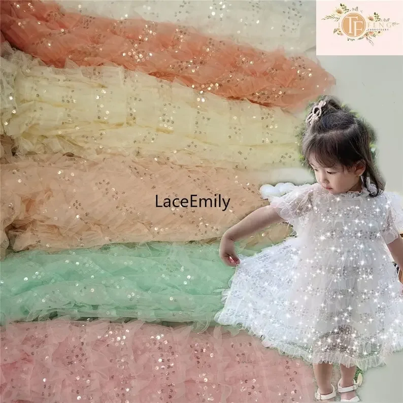 

Sequined embroidered ruffled lace fabric delicate sequins mesh Tulle For Girl Dress Tutu Dress Wedding Dress Bridal Veil 1 yard