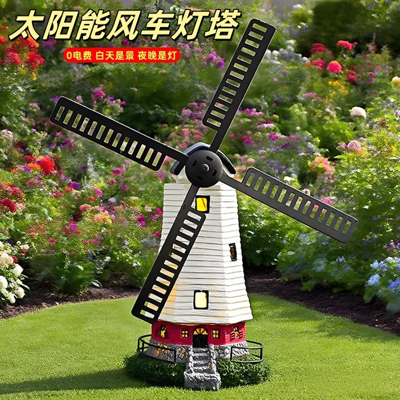decoration solar resin windmillCross-border courtyard lighthouse ornament outdoor waterproof rotating wind turbine lighthouse h